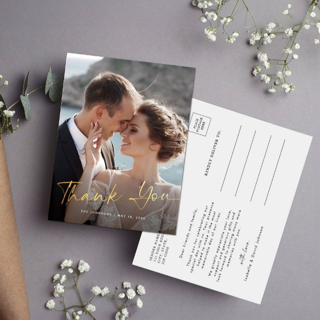 Modern Photo Calligraphy Script Wedding Thank You Postcard (Creator Uploaded)