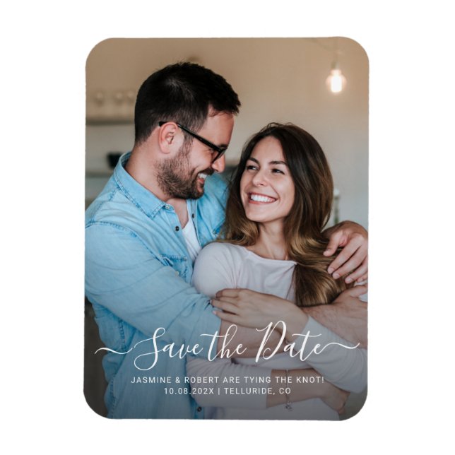 Modern Photo Calligraphy Wedding Save the Date Magnet (Vertical)
