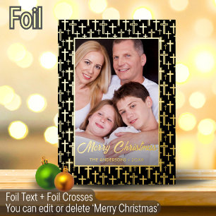 Modern photo Christmas black and gold Jesus cross  Foil Holiday Card