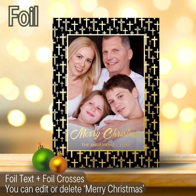 Modern photo Christmas black and gold Jesus cross  Foil Holiday Card (Creator Uploaded)