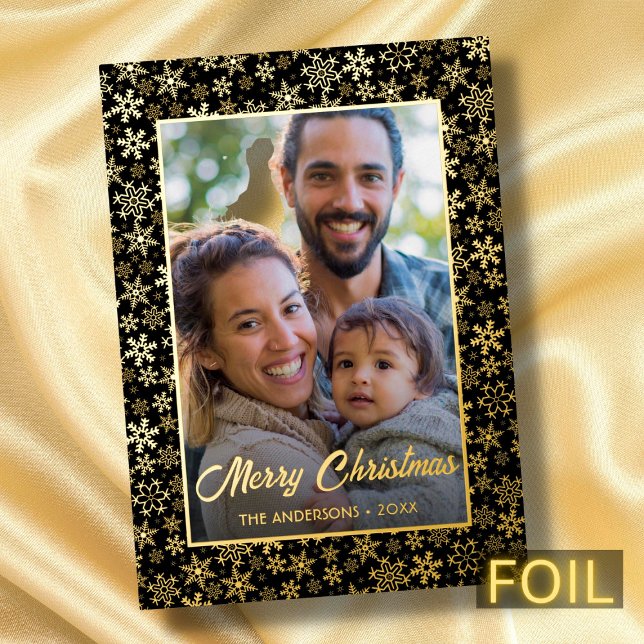 Modern photo Christmas elegant black and gold Foil Holiday Card (Creator Uploaded)