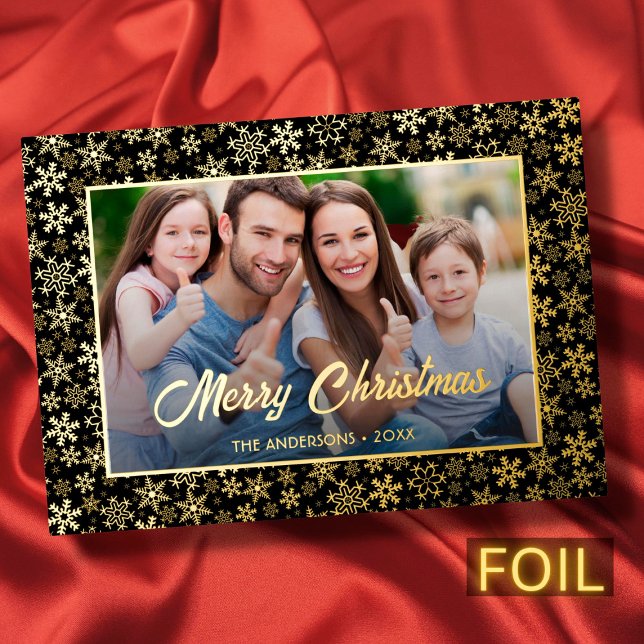 Modern photo Christmas elegant black and gold Foil Holiday Card (Creator Uploaded)