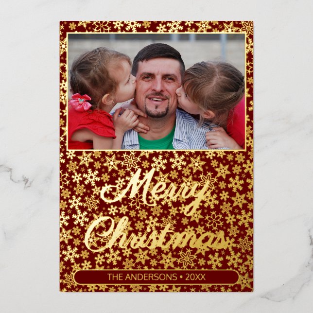 Modern photo Christmas elegant burgundy snowflakes Foil Holiday Card (Front)