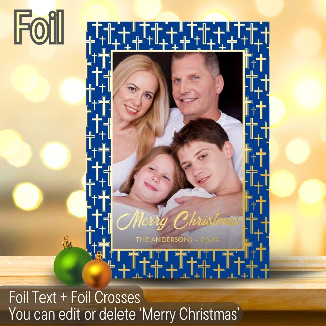 Modern photo Christmas elegant cross navy blue Foil Holiday Card (Creator Uploaded)