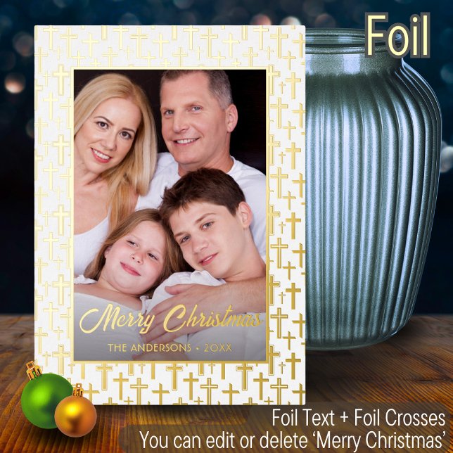 Modern photo Christmas elegant golden Jesus cross Foil Holiday Card (Creator Uploaded)