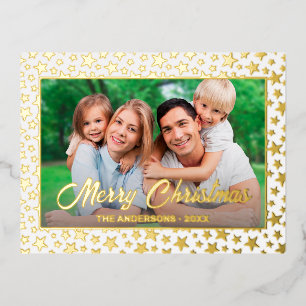 Modern photo Christmas elegant script golden stars Foil Holiday Postcard
