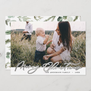 Modern photo Christmas elegant silver script Holiday Card