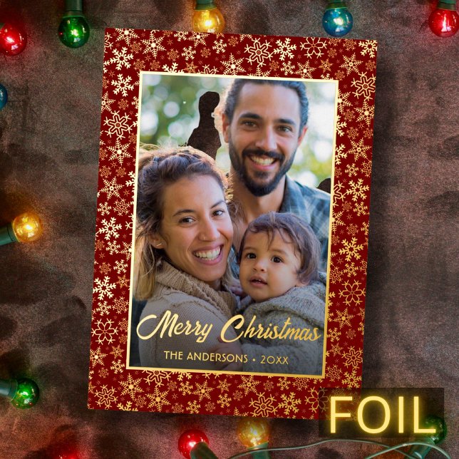 Modern photo Christmas elegant snowflake burgundy Foil Holiday Card (Creator Uploaded)