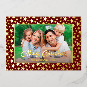 Modern photo Christmas golden stars red burgundy Foil Holiday Card