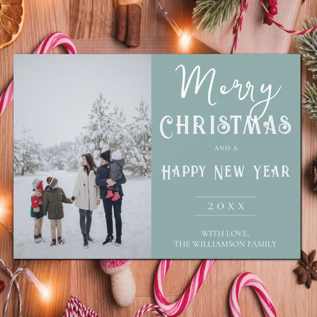 Modern Photo Christmas Holiday Card | Teal (Teal Modern Photo Christmas Holiday Card)