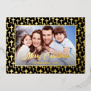 Modern photo Christmas Jesus cross black and gold Foil Holiday Card