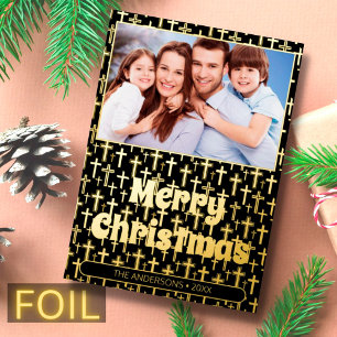 Modern photo Christmas Jesus cross black and gold Foil Holiday Card