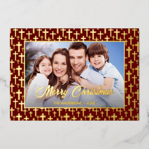 Modern photo Christmas Jesus cross burgundy red Foil Holiday Card