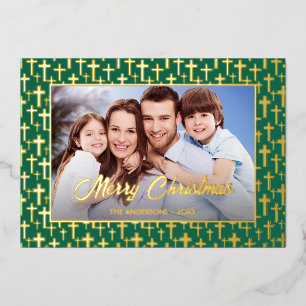 Modern photo Christmas Jesus cross green elegant Foil Holiday Card