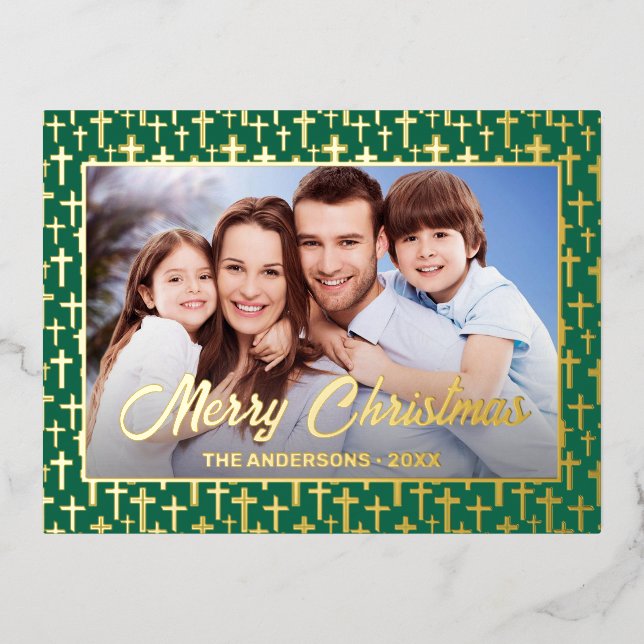 Modern photo Christmas Jesus cross green elegant Foil Holiday Postcard (Front)