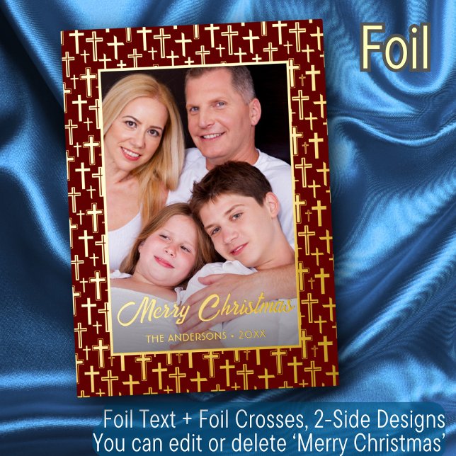 Modern photo Christmas Jesus cross red burgundy Foil Holiday Card (Creator Uploaded)