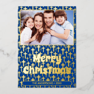 Modern photo Christmas Jesus cross regal navy blue Foil Holiday Card