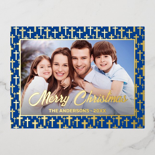 Modern photo Christmas Jesus cross royal blue  Foil Holiday Postcard (Front)