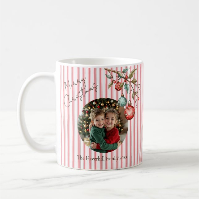 Modern Photo Christmas Preppy Pink Stripe Coffee Mug (Left)