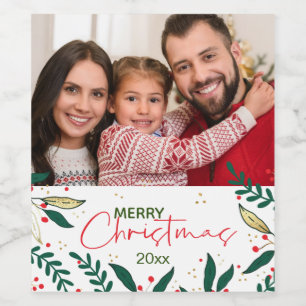 Modern Photo Christmas Red Green Gold Greenery Wine Label