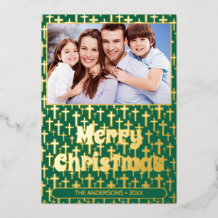 Modern photo Christmas script Jesus cross green Foil Holiday Card