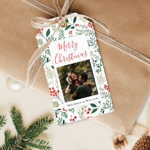 Modern Photo Christmas Script Red Berries Gift Tags