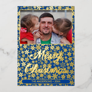 Modern photo Christmas script snowflake navy blue Foil Holiday Card
