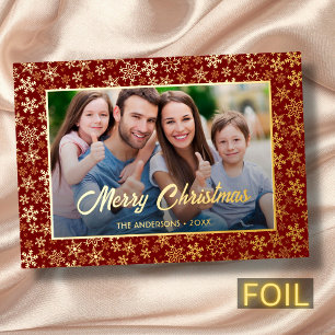 Modern photo Christmas snowflake burgundy and gold Foil Holiday Card