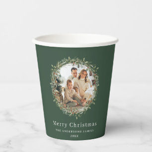 Modern photo Christmas wreath green Paper Cups