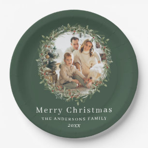 Modern photo Christmas wreath green Paper Plate