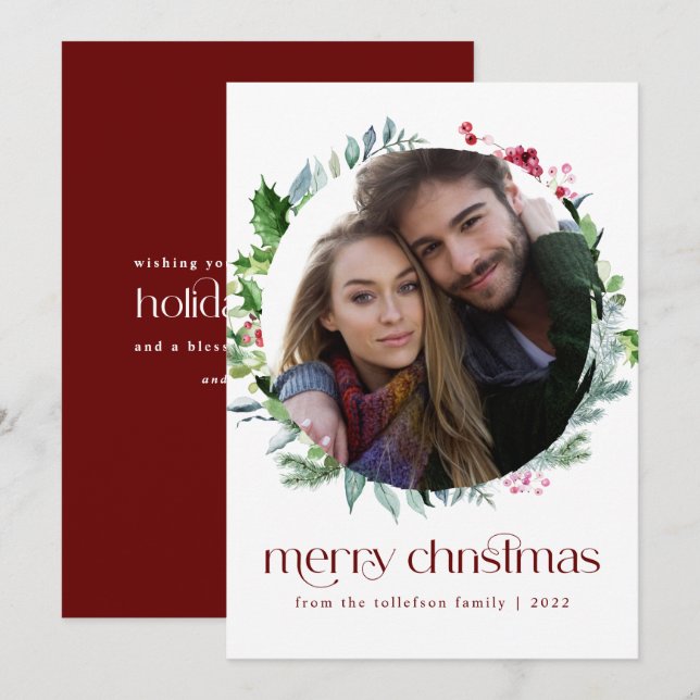 Modern Photo Christmas Wreath Ivy Berries Holiday  Card (Front/Back)