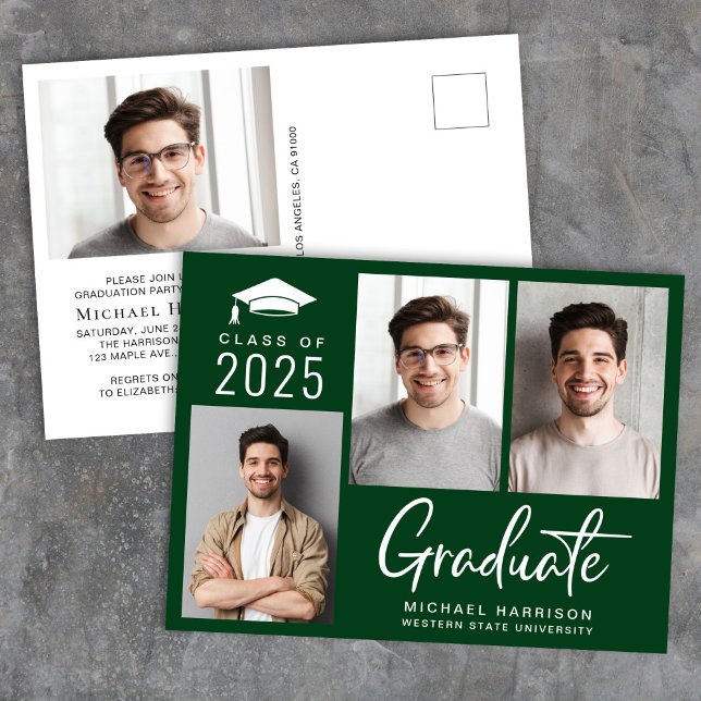 Modern Photo Class of 2025 Green Graduation Party Invitation Postcard (Creator Uploaded)