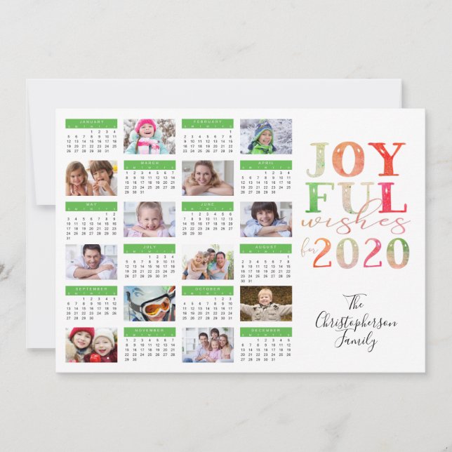 Modern Photo Collage 2020 Calendar JOYFUL WISHES Holiday Card (Front)
