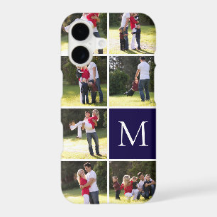 Modern photo collage and monogram navy blue