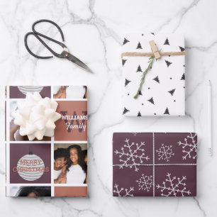 Modern Photo Collage And Silver Snowflakes Mauve Wrapping Paper Sheet