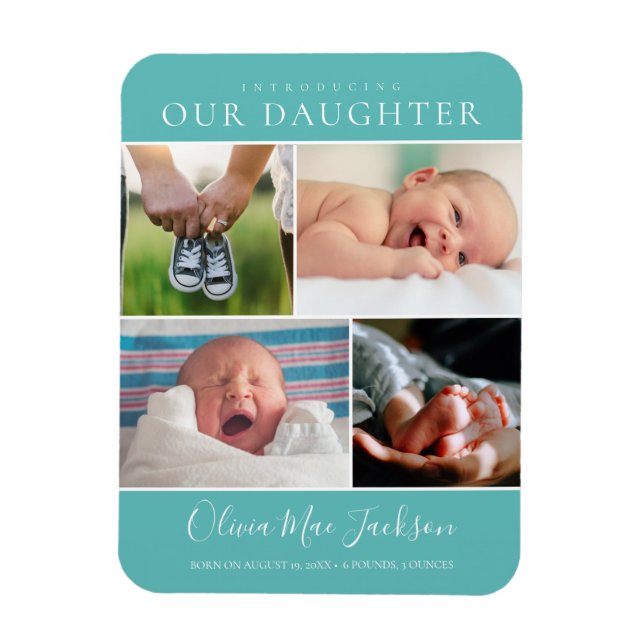 Modern Photo Collage Baby Announcement Teal Magnet (Vertical)