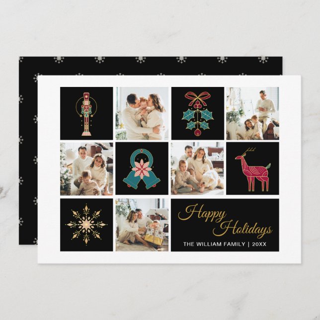 Modern Photo Collage Black Gold Holiday Card (Front/Back)