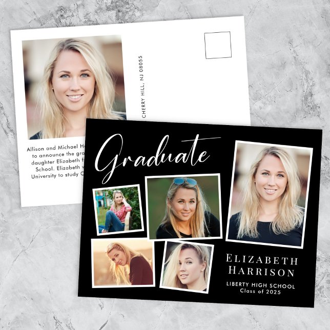 Modern Photo Collage Black Graduation Announcement Postcard (Cherish the milestone: share your graduate's achievement with a custom photo graduation announcement)