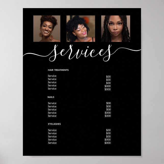 Modern Photo Collage Black Spa Salon Service Menu Poster (Front)