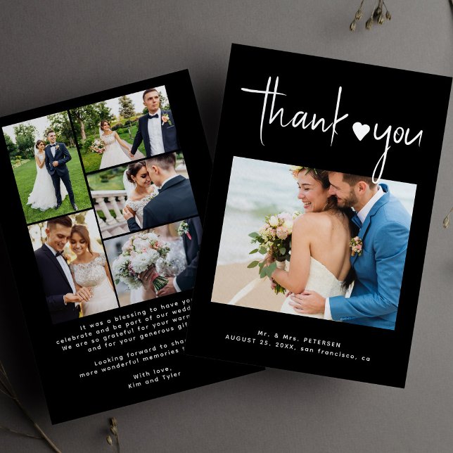 Modern photo collage black wedding thank you card (Creator Uploaded)