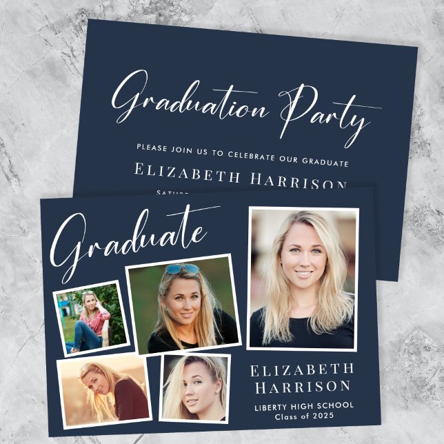 Modern Photo Collage Blue Graduation Party Invitation (A modern photo collage graduation party invitation to celebrate the graduate's achievements)