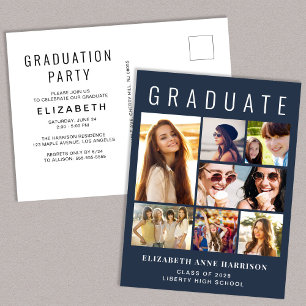 Modern Photo Collage Blue Graduation Party Invitation Postcard