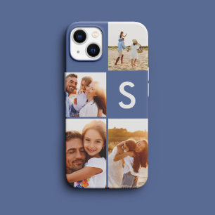 Modern photo collage blue initial monogram iPhone 14 case