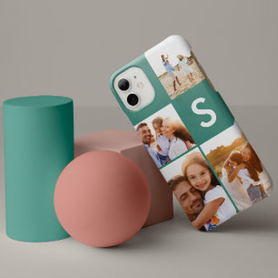 Modern photo collage bright green initial monogram iPhone 14 case