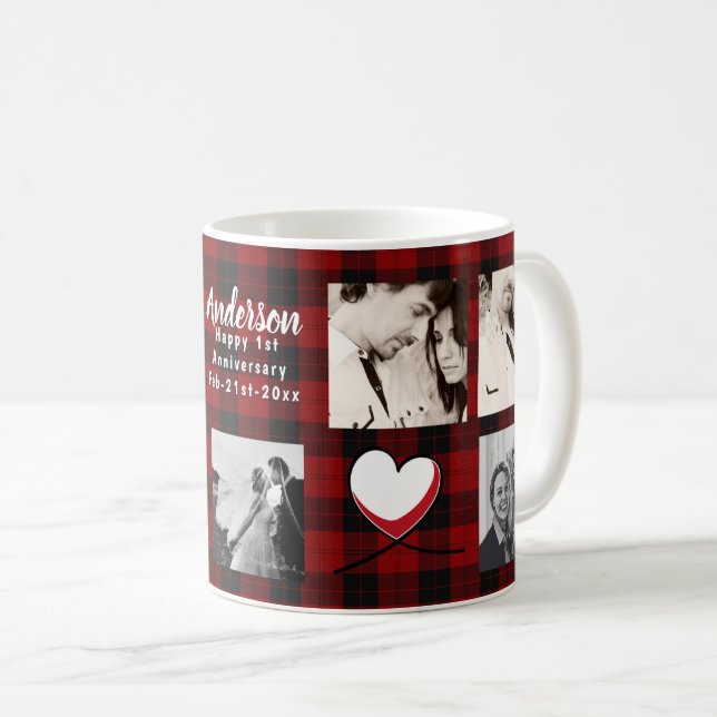 Modern PHOTO COLLAGE Buffalo Plaid Love Coffee Mug (Front Right)