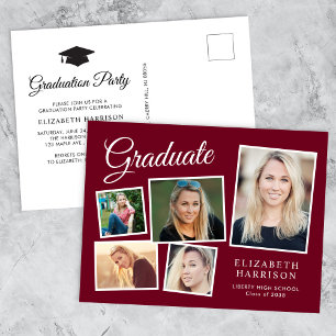 Modern Photo Collage Burgundy Graduation Party Invitation Postcard