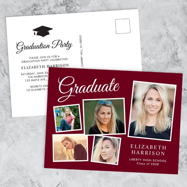 Modern Photo Collage Burgundy Graduation Party Invitation Postcard (A personalized photo graduation party invitation to celebrate the graduate's achievements)