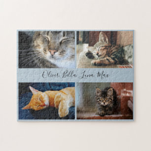 Modern Photo Collage Custom Script Name Light Blue Jigsaw Puzzle