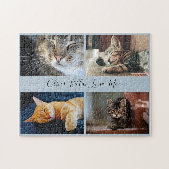 Modern Photo Collage Custom Script Name Light Blue Jigsaw Puzzle (Horizontal)
