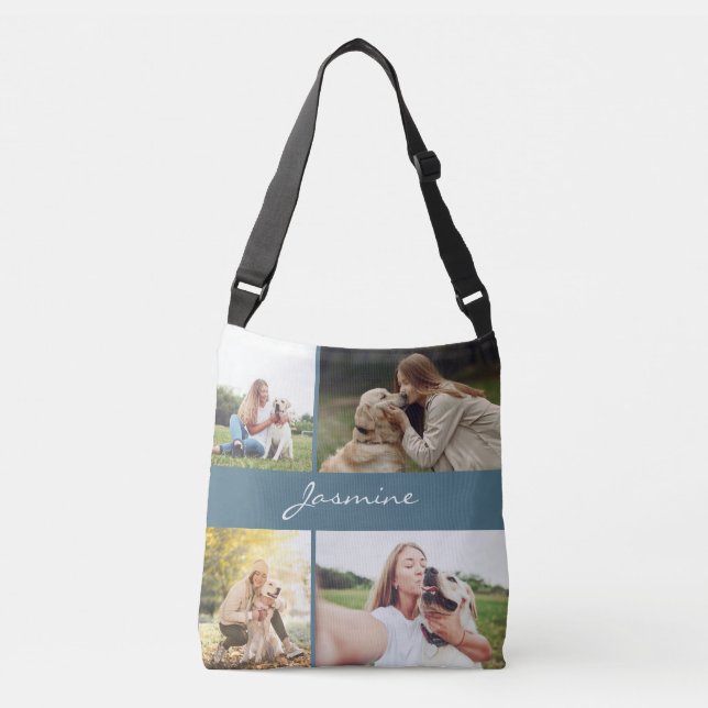 Modern Photo Collage Dusty Blue Dog Crossbody Bag (Front)